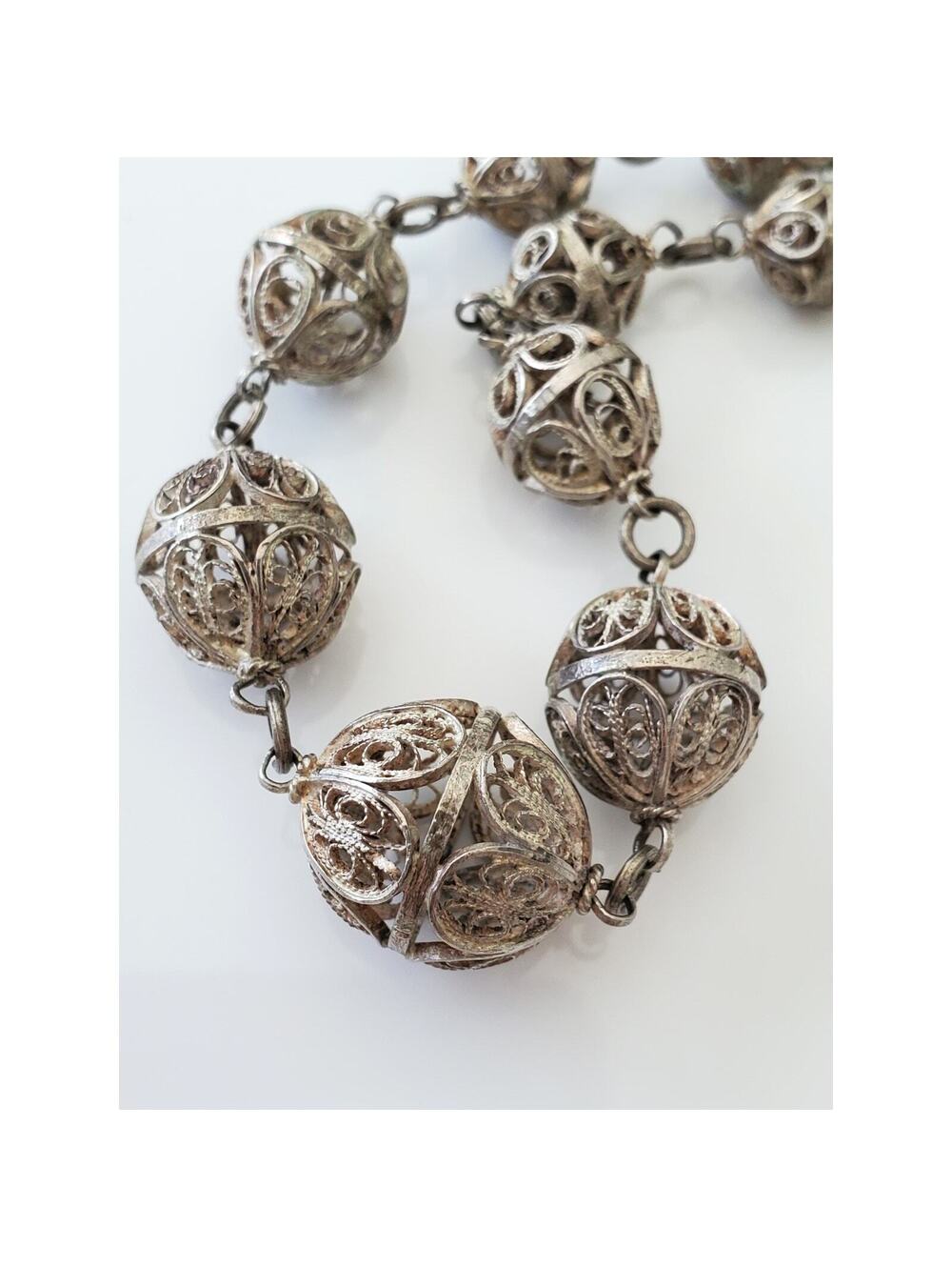 Vintage Byzantine Style Silver Graduated Filigree Bead Necklace
